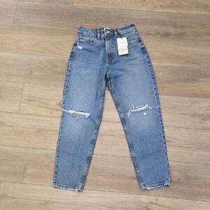NWT Zara High Waist Straight Leg Blue Distressed Women Jeans